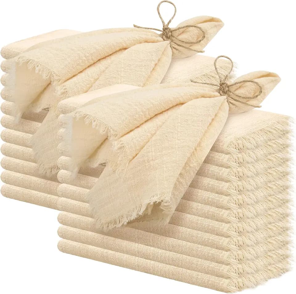 Pesonlook 24 Pcs Beige Cotton Linen Napkins with Fringe, 16x16 Inches