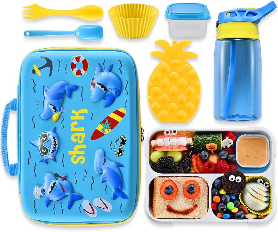 COO&KOO Shark Lunch Box Set, Include 3D Insulated Cooler Bag & Leakproof Water Bottle Pineapple Ice Pack Multipurpose Spork Spoon Silicone Cups Salad Box, Great for School Girls or Boys