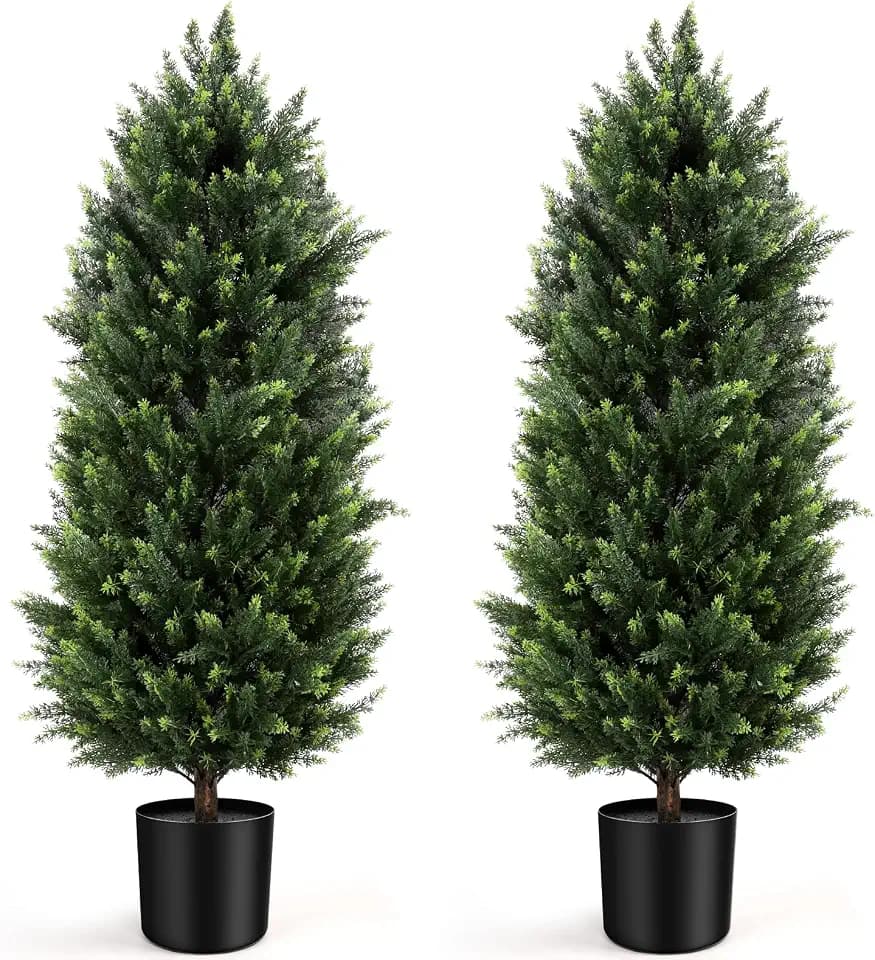 Artificial Cedar Topiary Trees 4FT Set of 2 Potted Outdoor Cypress Tree