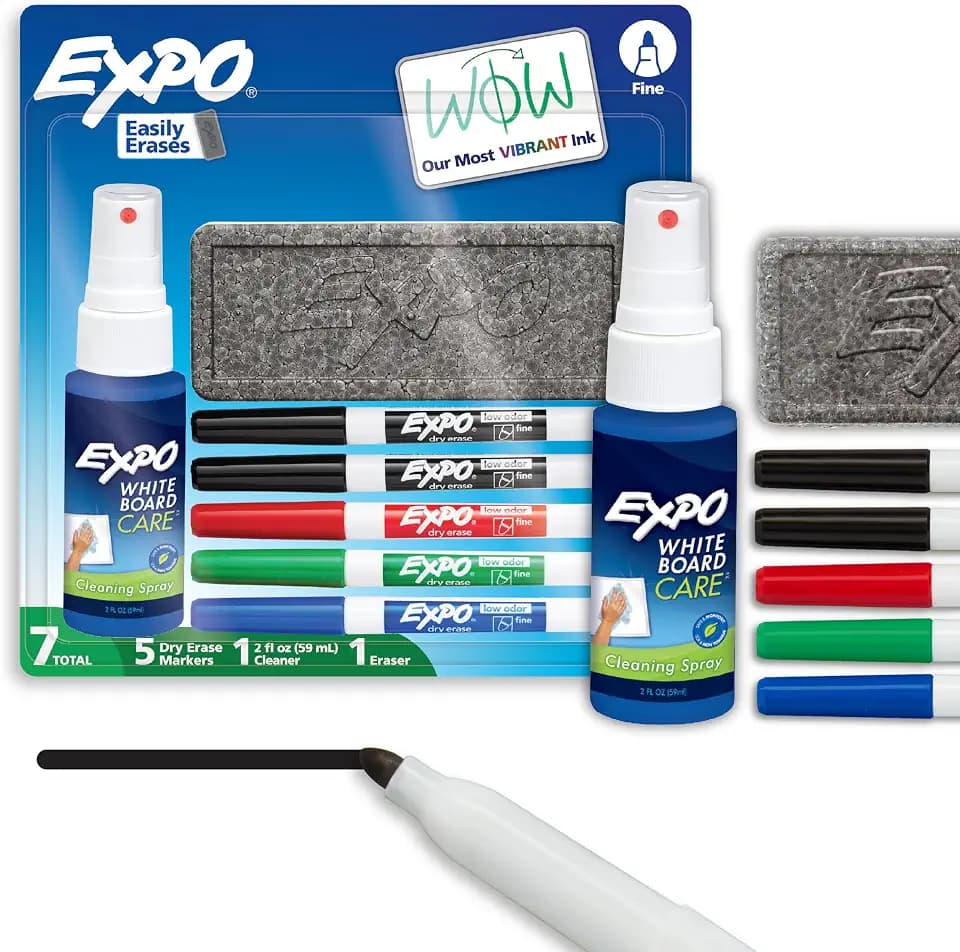 EXPO Dry Erase Markers Kit, Fine Tip, Assorted Colors, Eraser, Spray Cleaner, 7 Count