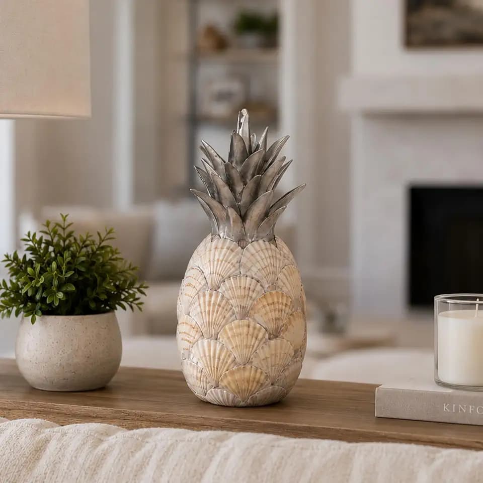 Sagebrook Home's Unique 12" Seashell Pineapple Decorative Object, Polyresin Multi-Color Accent Piece for Home Elegance and Coastal Charm