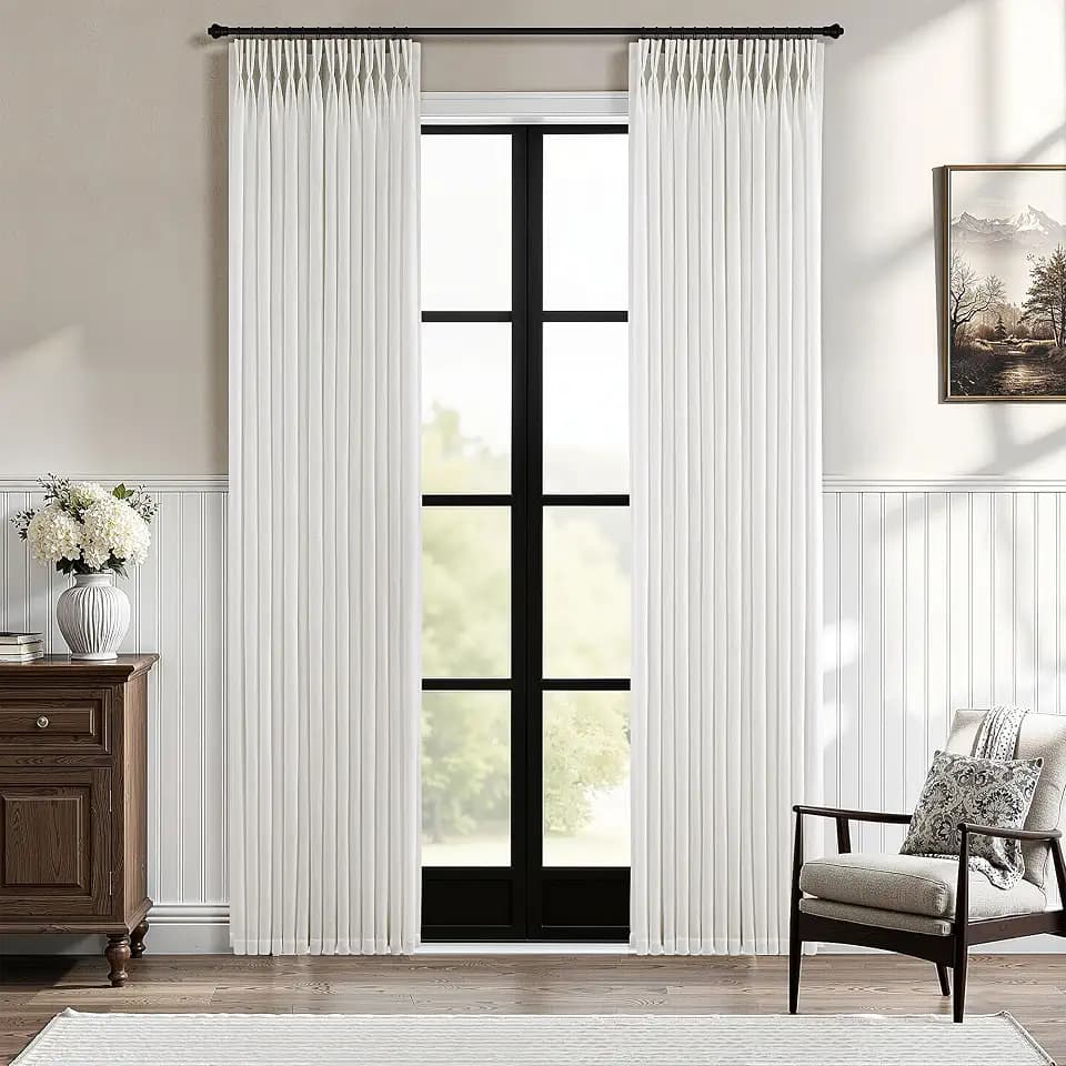 Beige White Linen Pinch Pleated Curtains Semi Sheer 72 Inch Length 2 Panels