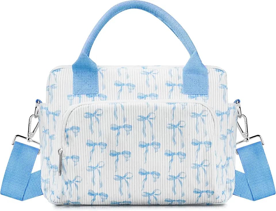 TESAFNG Lunch Box for Women Insulated Lunch Bag Cute Corduroy Lunch Tote Bags Lightweight Reusable Leakproof Cooler Bag with Adjustable Shoulder Strap for Work Office Travel Picnic (Blue Bow)