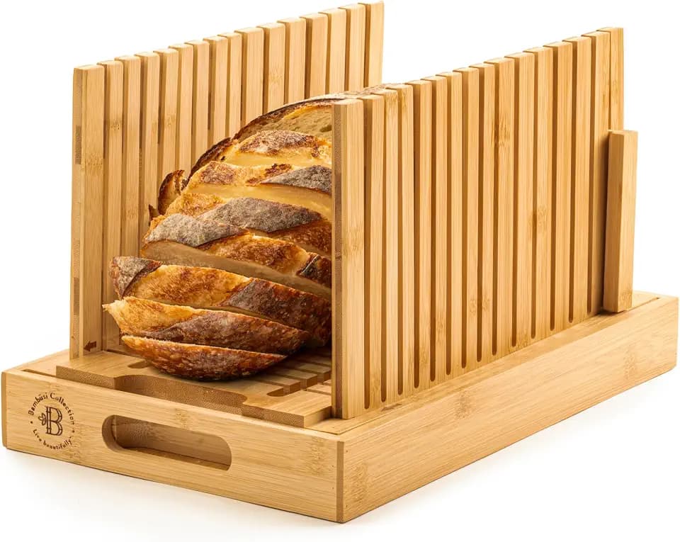 Bambüsi Adjustable Bamboo Bread Slicer for Homemade Bread with Crumb Tray