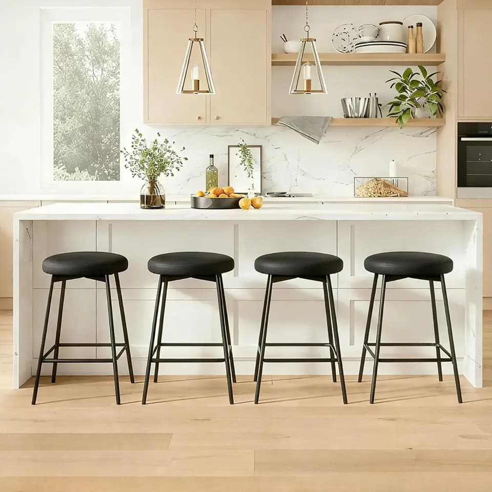 Swivel Bar Stools Set of 4, 24" Counter Height Bar Stool, Backless Barstools with Faux Leather Upholstered Seat&Sturdy Wood Legs for Kitchen Island, Black