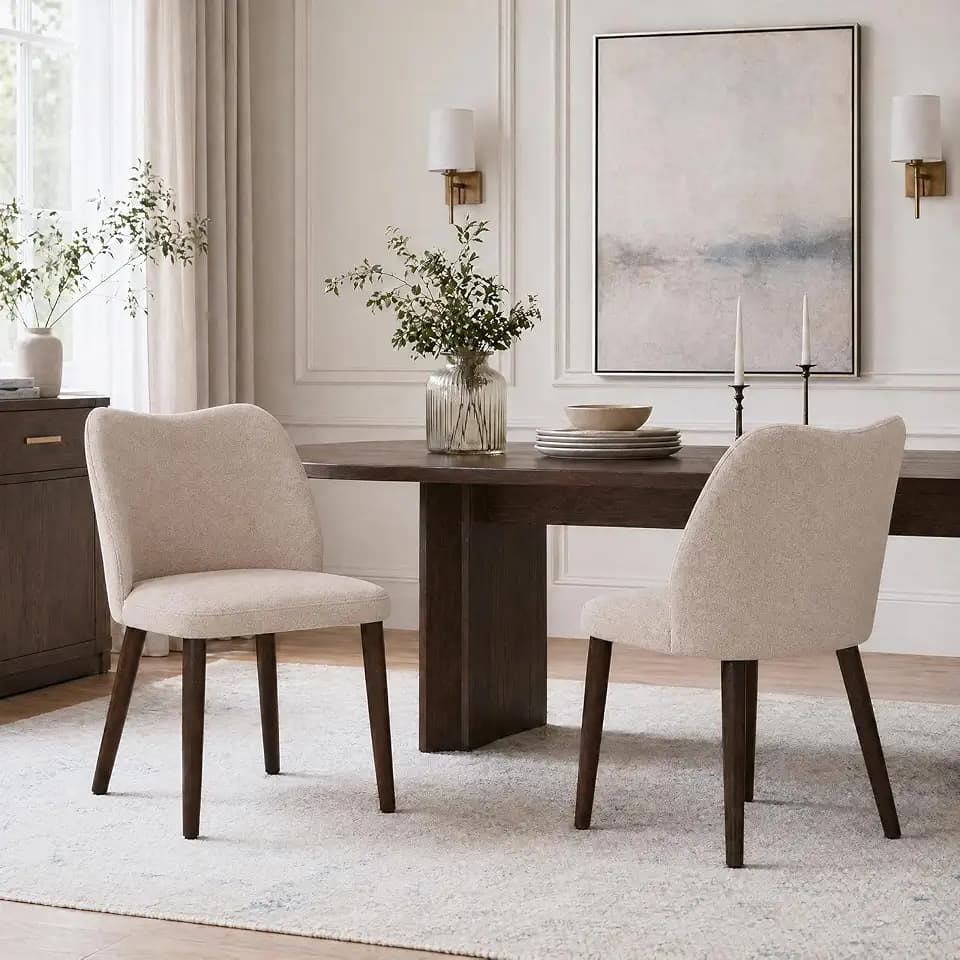 MALOL Dining Chairs Set of 2, Upholstered Fabric Kitchen Chairs with Curved Back, Padded Seat and Solid Wood Legs, Modern Dining Chair for Kitchen Dining Room, Camel