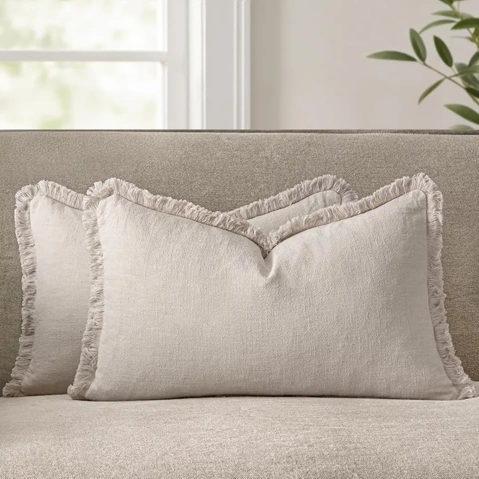 ANRODUO Decorative Linen Fringe Pillow Covers 12×20 Natural Beige 2 Pack