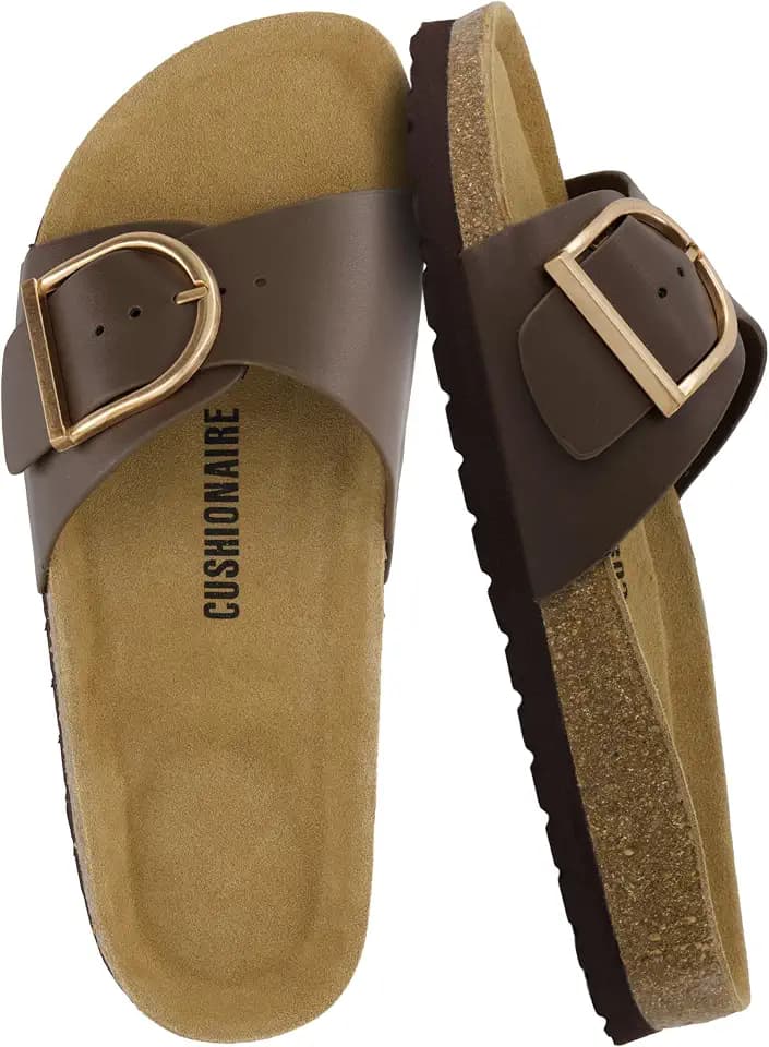 CUSHIONAIRE Leeds Sandals for Women, Slip On Big Buckle Slide Womens Sandals with Memory Foam Footbed, Comfortable Summer Footwear