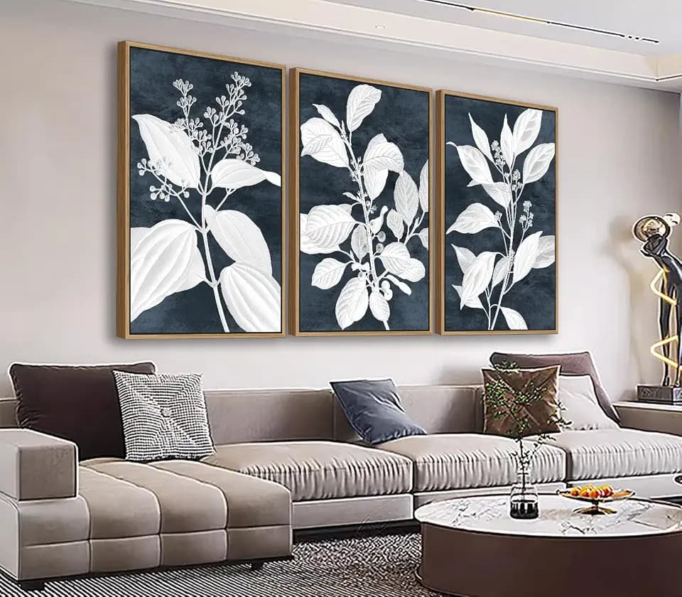 Large Botanical Wall Art, Minimalist White Plant Canvas Pictures, 24"X36"X3