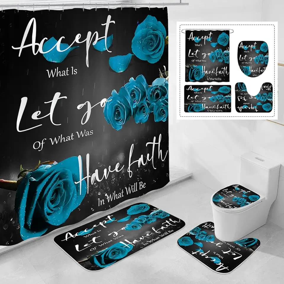4 Pcs Teal Rose Shower Curtain Sets with Non-Slip Rug, Toilet Lid Cover and Bath Mat, Thankful Grateful Blessed Black Teal Retro Elegant Shower Curtain Valentine's Day Bathroom Set(Hooks Not Included)