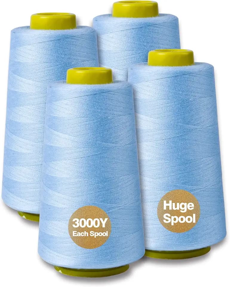 Baby Blue Serger Thread All-Purpose Thread for Sewing, Polyester, 4 Cones of 3000 Yards Each Spool for Sewing Machine