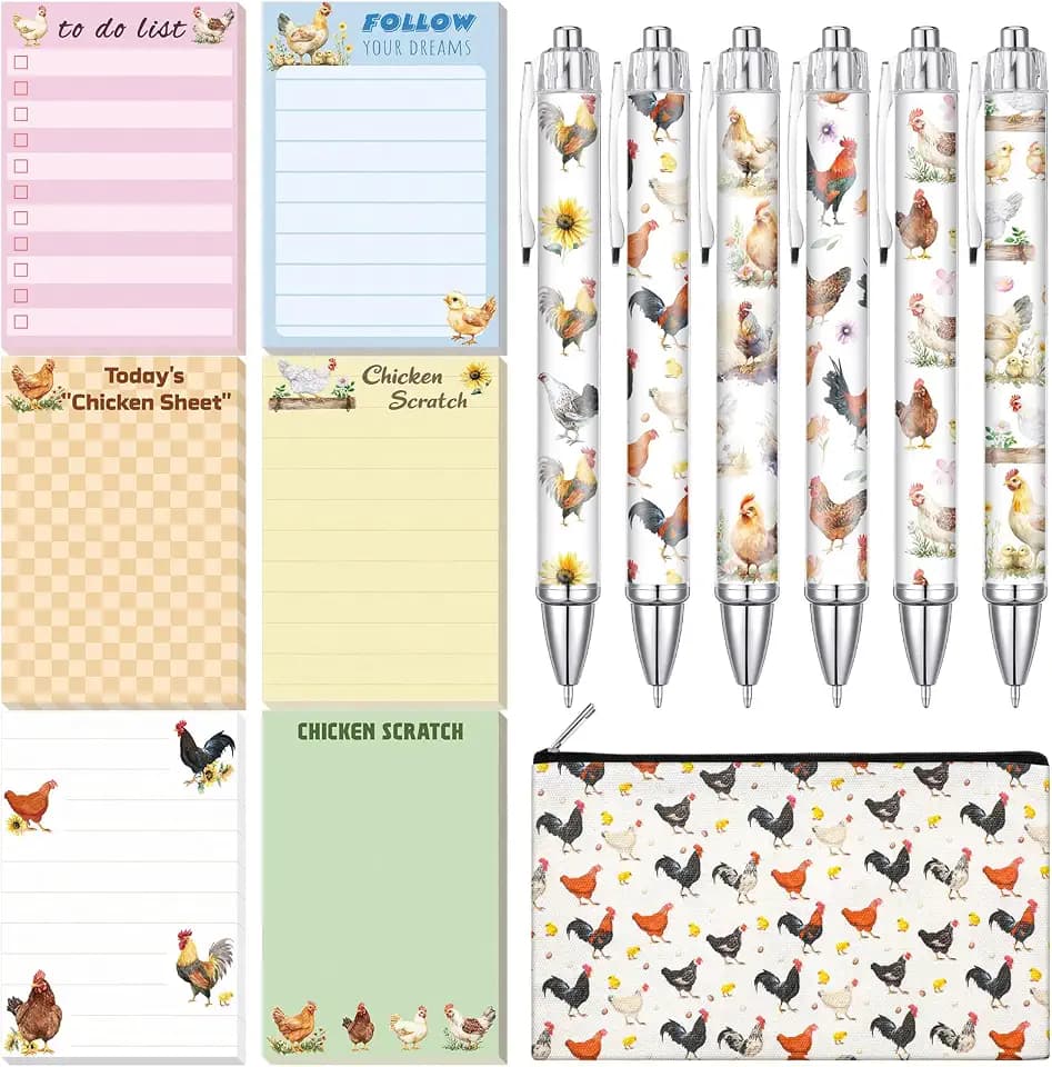 Sayglossy 13 Pcs Chicken Gift Set for Women, Include 6 Pens 6 Pads 1 Pouch
