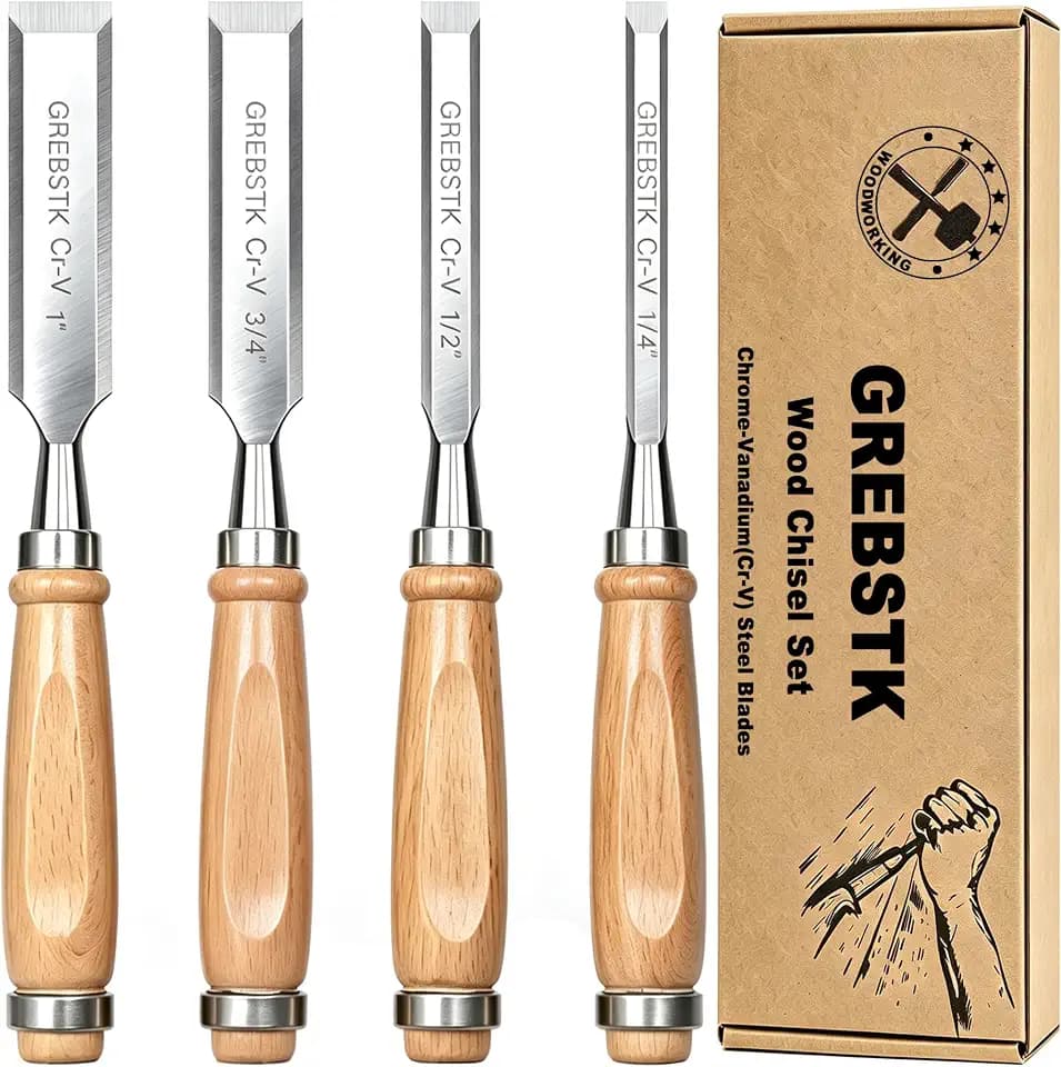 GREBSTK 4 Piece Wood Chisel Set CR-V Steel Sharp Bevel Edge for Woodworking
