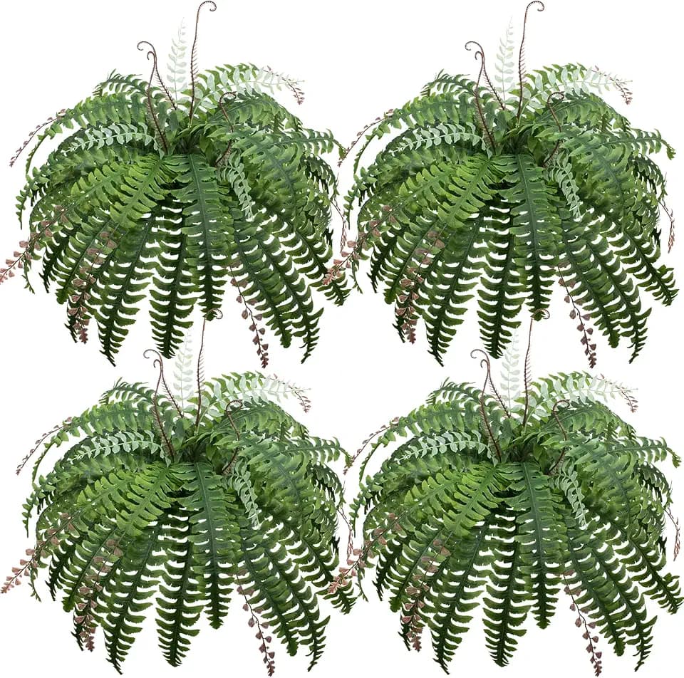 37 Inch Artificial Boston Fern Large Hanging Plant, Set of 4, Fake Ferns that Look Real for Home and Office Decor, Faux Fern Vines with 36 Fronds for Each Bouquet(No Basket)