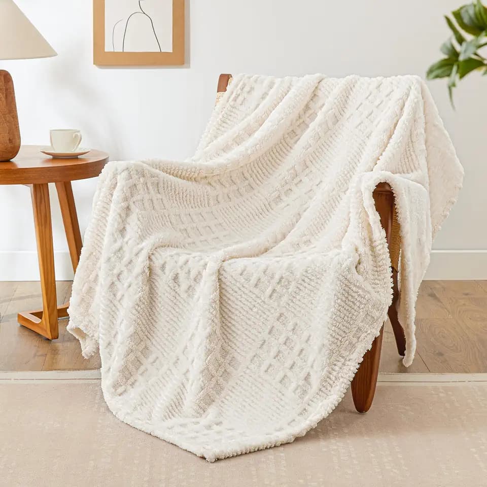 EXQ Home Beige Fleece Throw Blanket for Couch or Bed Waffle Pattern Decor
