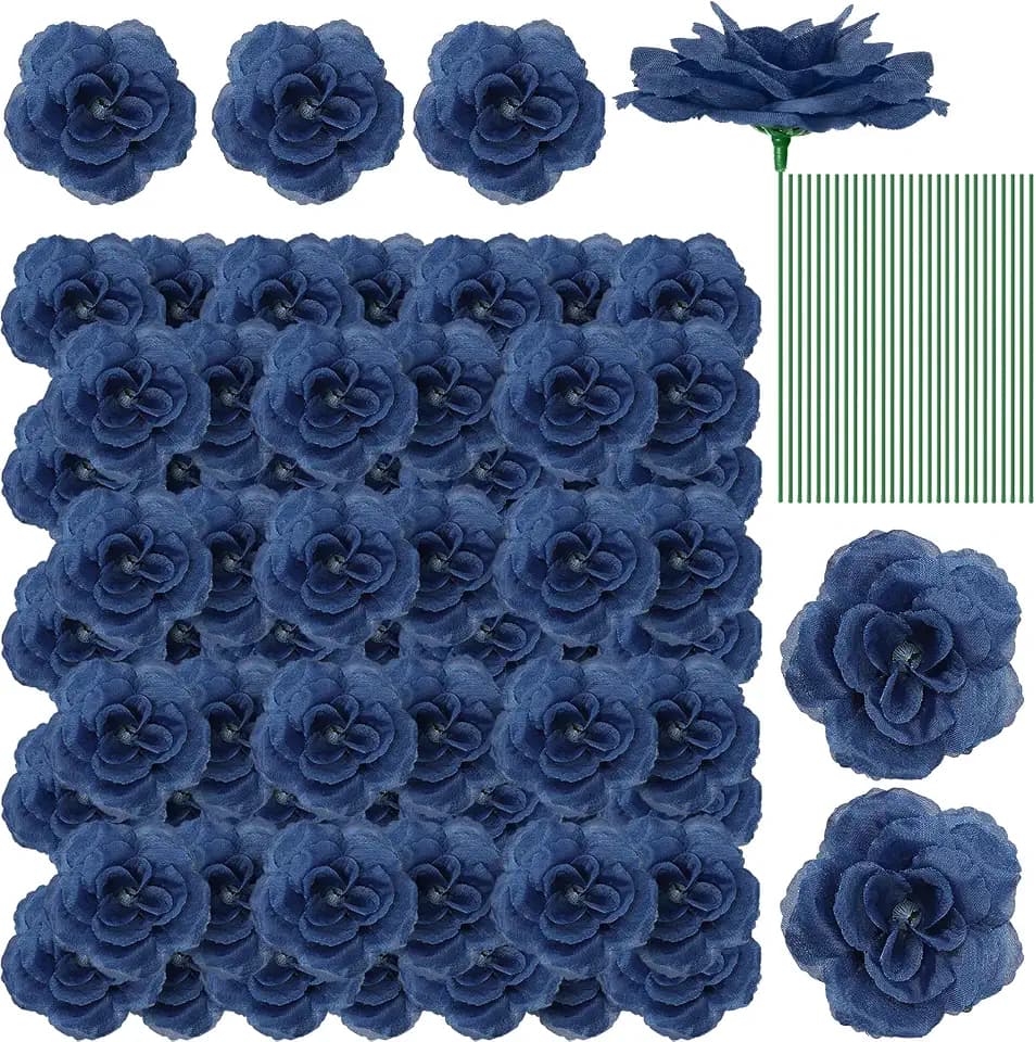 Yunlly 100 Pcs Blue Fake Silk Rose Flowers with Stems for Wedding