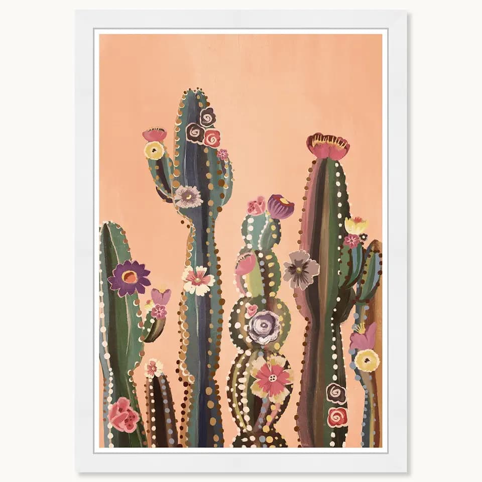 Wynwood Studio Cactus Flora Framed Trendy Maximalist Decor 1 Piece Canvas Wall Art, 15" x 21 ", White Satin Flat Frame