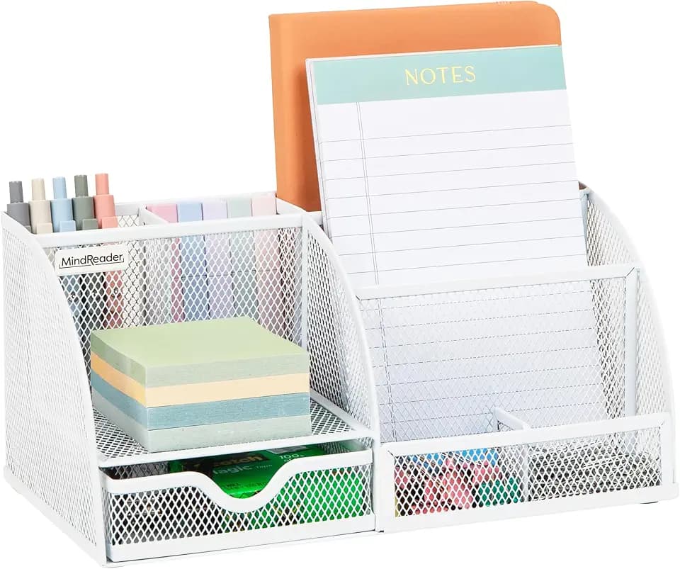 Mind Reader 7-Compartment Desktop Organizer, Metal Mesh, White