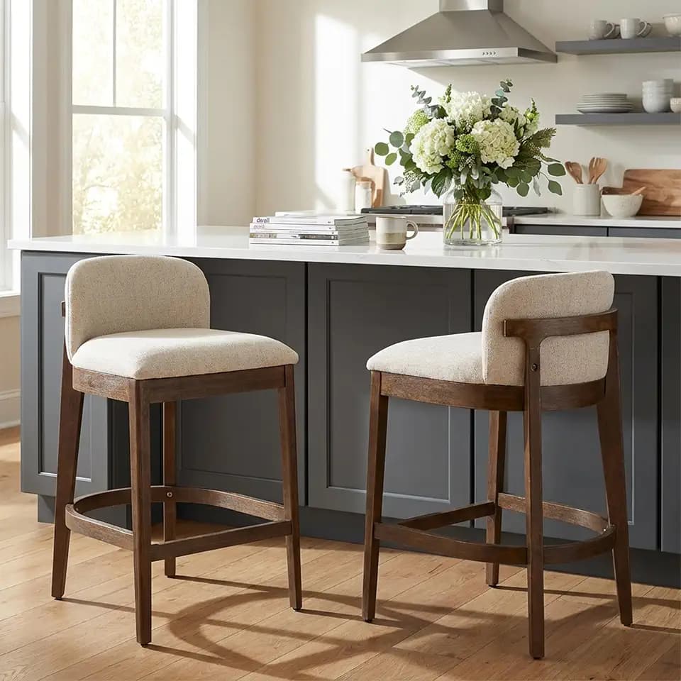 Christopher Knight Home Calista Indoor Wooden Counter Stool Set of 2, Upholstered Seat with Foam Cushion, Kitchen Bar Stools with Rubberwood Frame and Footrest for Dining Island, Beige + Walnut
