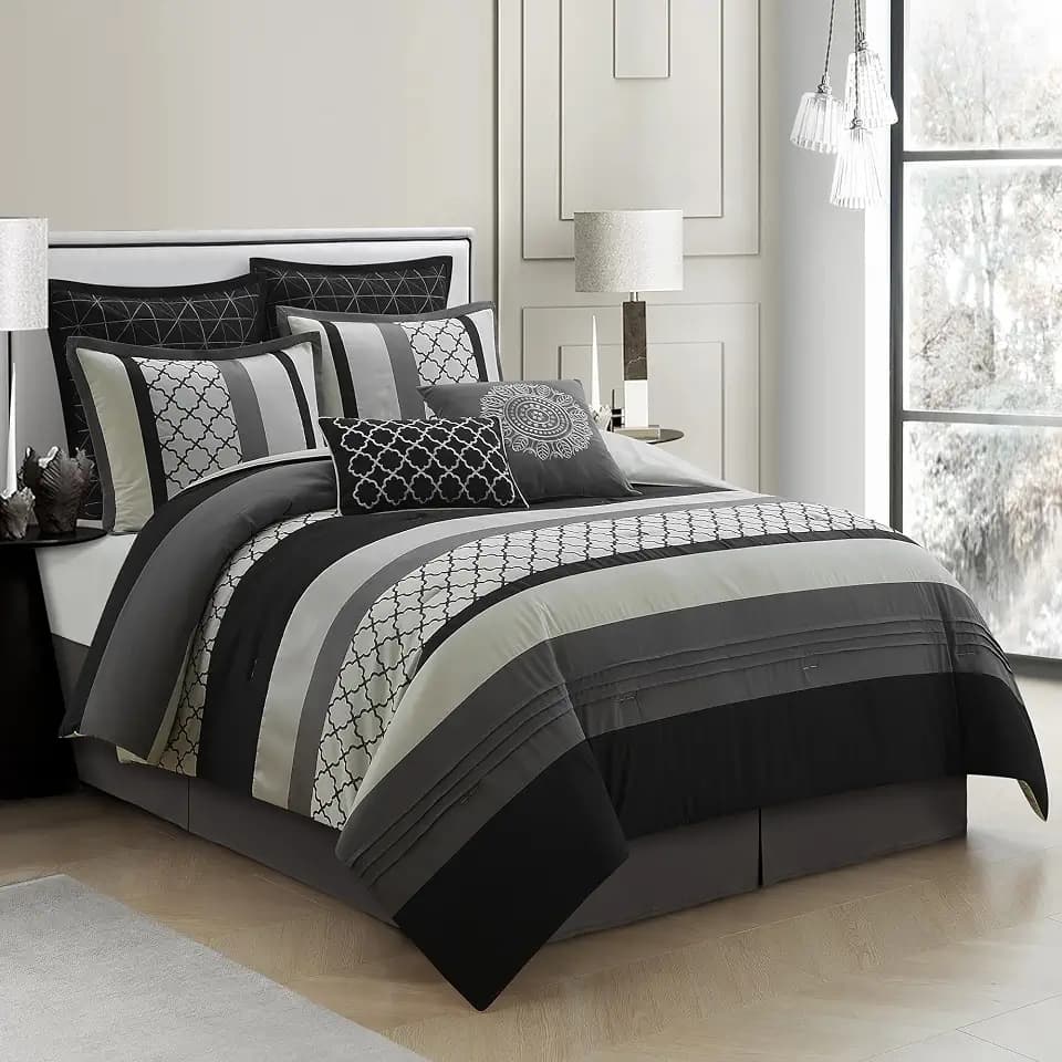 LANCO MODERN LIFESTYLE King Comforter Set, Black Gray Bedding Set, Jacquard Woven with Embroidery, 8 Pieces Bed in a Bag, Bed Skirt, Shams and Decorative Pillows