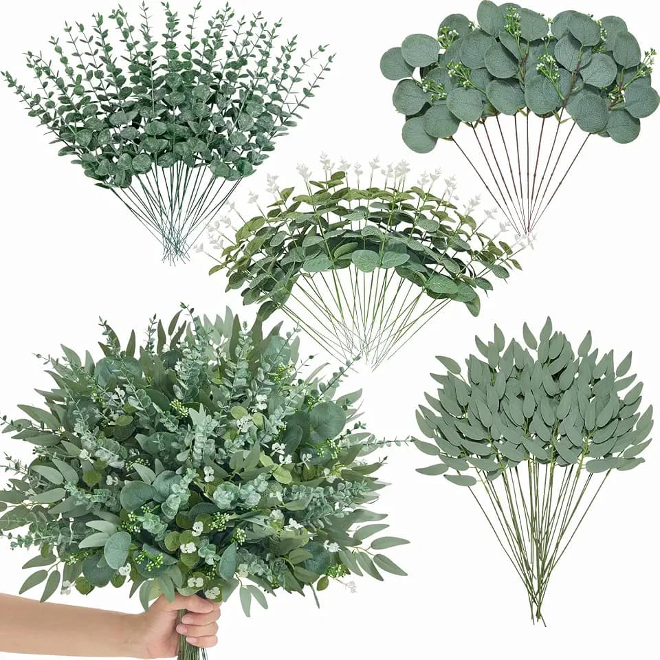 Alecono 100pcs Mixed Eucalyptus Leaves Stems Bulk, 4 Kinds Artificial Greenery Stems Faux Sliver Dollar Fake Greenery for Centerpieces Wedding DIY Bouquets Floral Arrangement Party Decor