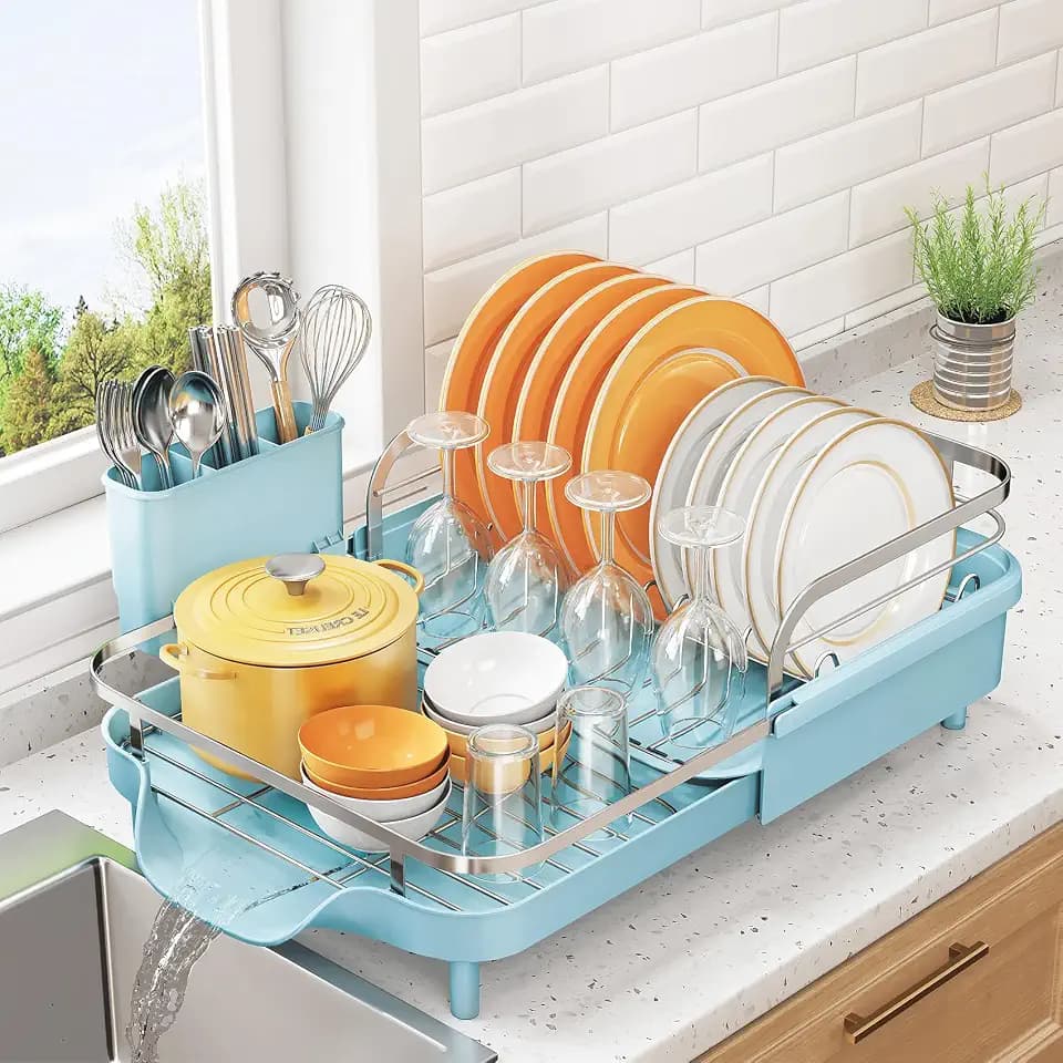 SNTD Expandable Dish Drying Rack for Kitchen Counter, 15.2-22.1 in, Blue