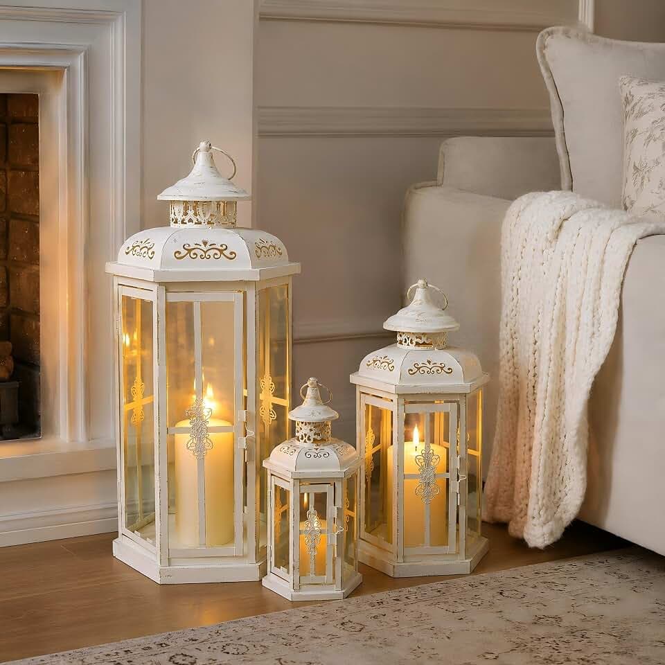 JHY DESIGN Set of 3 Decorative Candle Lanterns 20''&14"&10" H Outdoor Candle Lanterns Vintage Metal Cand leholder for Indoor Outdoor, Events, Parities and Weddings(White with Gold Brush)