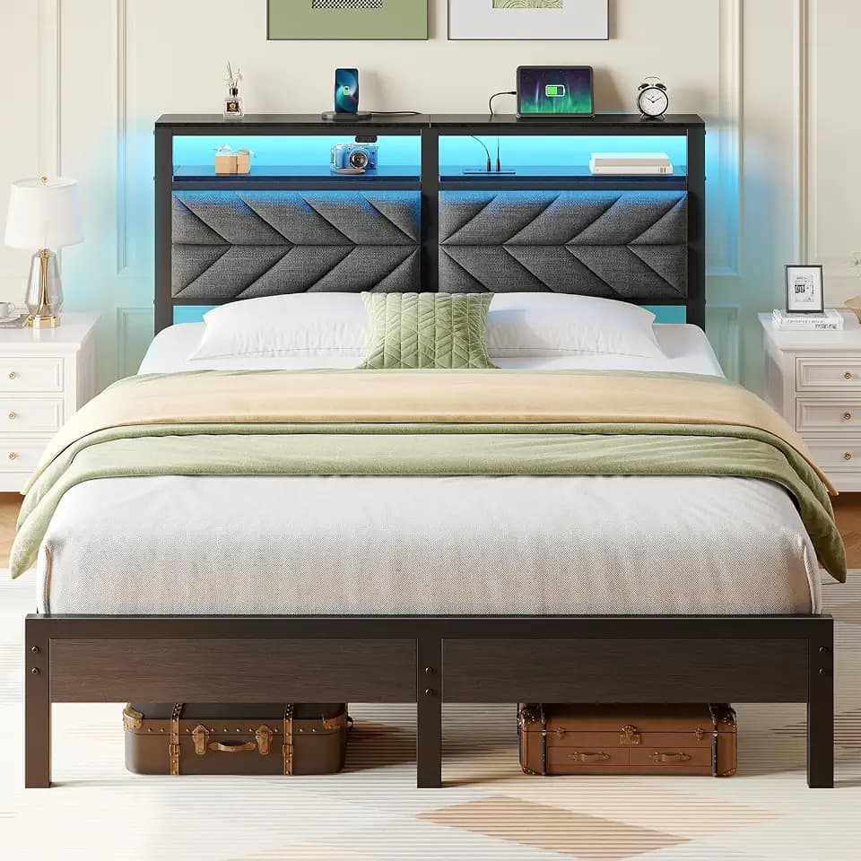 Seventable Queen Bed Frame with Charging Station & LED Lights, Upholstered Headboard with 2-Tier Storage Shelves, Metal Platform with Under Bed Storage, No Box Spring Needed, Easy Assembly, Dark Grey
