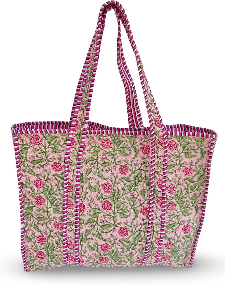 Cotton Tiger Block Print Tote Bag, Indian Handmade Shopping Shoulder Bag, Unisex Market Daily Use