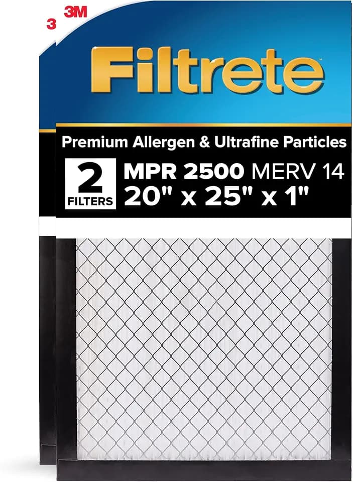 Filtrete 20x25x1 AC Furnace Air Filter, MERV 14, MPR 2500, Premium Ultra Fine Particle, 3-Month Pleated 1-Inch Electrostatic Air Cleaning Filter, 2-Pack (Actual Size 19.69 x 24.69 x 0.81 in)