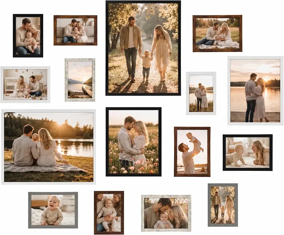 Giftgarden 16 Pack Mixed Color Picture Frames for Multi Sizes Photos, Assorted Sets 2pcs 11x14, 2pcs 8x10, 6pcs 5x7, 6pcs 4x6, Gallery Photo Collage Frame for Wall or Tabletop Display