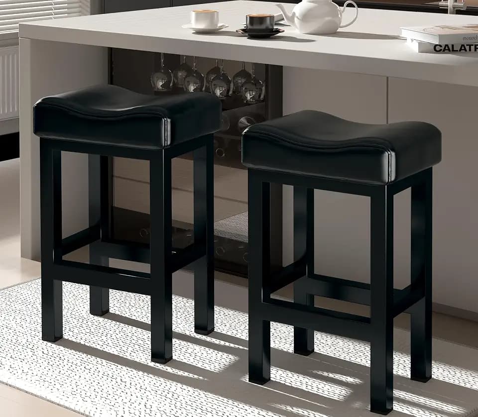 Bar Stools Set of 2, 25 Inch Counter Height BarStools for Kitchen Island, Faux Leather Thick Saddle Seats & Heavy Duty Metal Base, Easy Assembly (Black,25 inch)