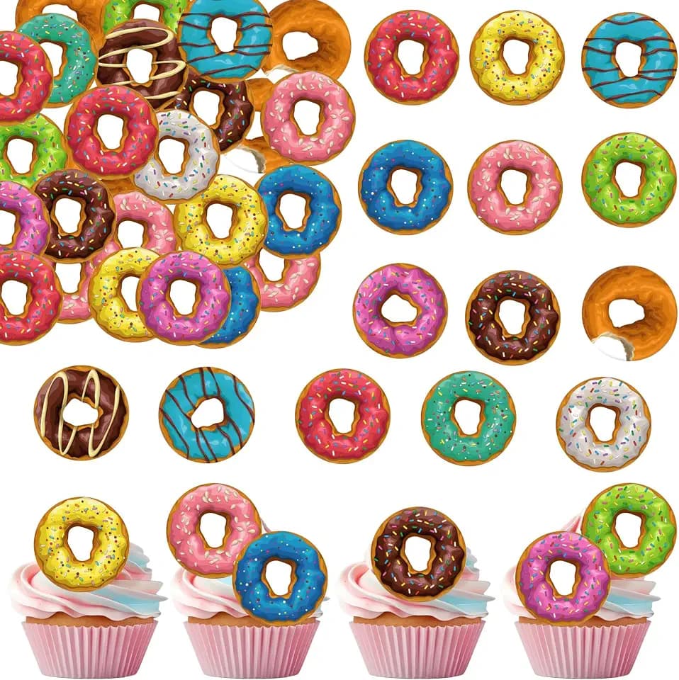 36PCS Edible Donut Cupcake Toppers Wafer Paper Sweet Donuts Cupcake Picks Edible Donut Party Cupcake Decorations for Sweet Theme Baby Shower Birthday Family Gathering Party Cake Supplies