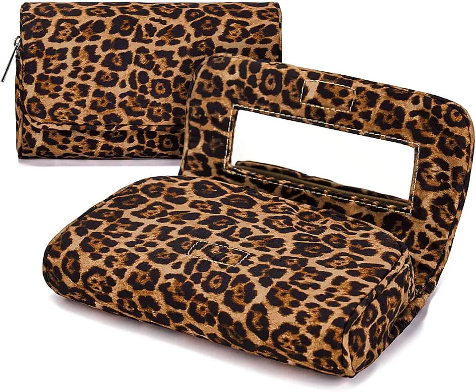 Women’s Cute Nylon Makeup Bag with Built-in Mirror, Protable Lightweight Cosmetic Bag, Trendy Toiletry Bag for Travel (Leopard Print)