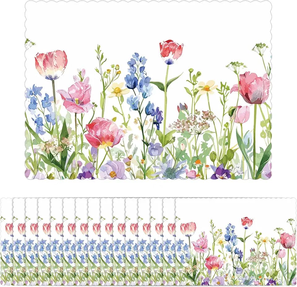 100 Pcs Tulip Paper Placemats Bulk 10 x 14 Spring Floral Scalloped Disposable Placemats Decorative Charger Table Mat for Summer Party Wedding Banquet Party Holiday Table Decor
