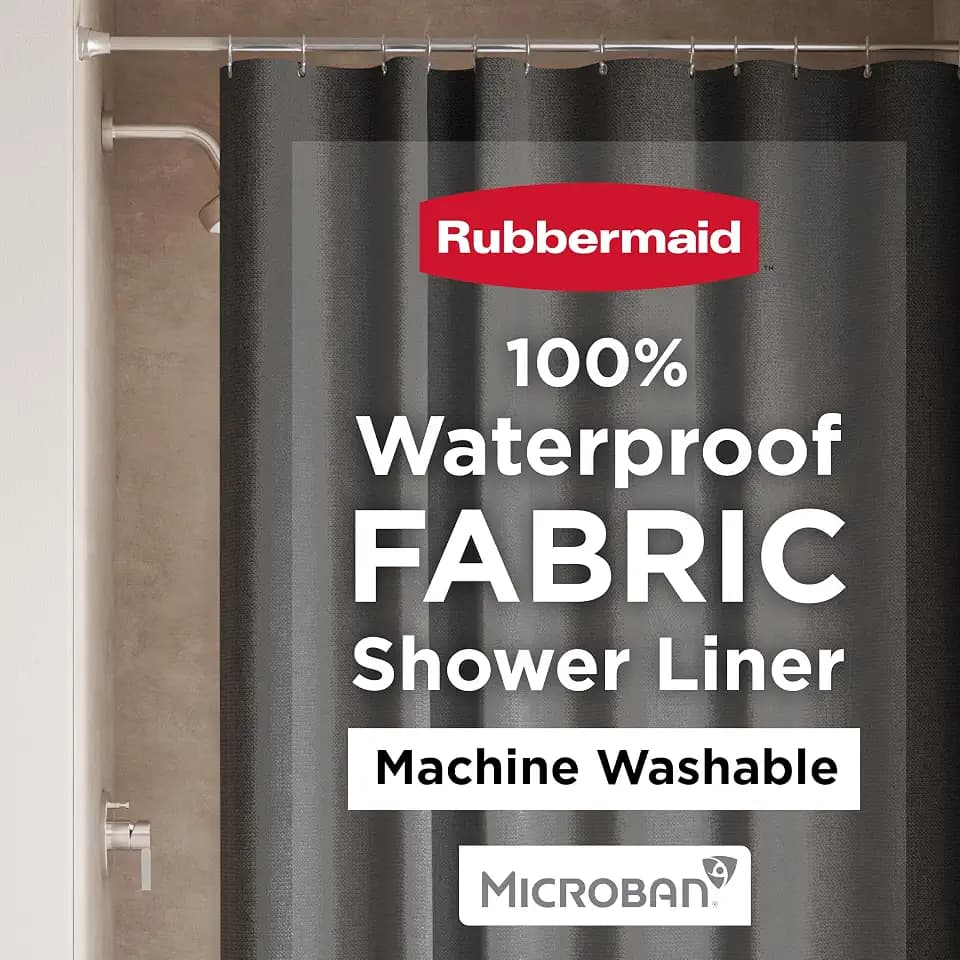 Rubbermaid Black Shower Curtain Liner: Waterproof Fabric Shower Liner for Bathroom, with 2 Magnets and Rustproof Grommets, 70x72, Standard Size, Black