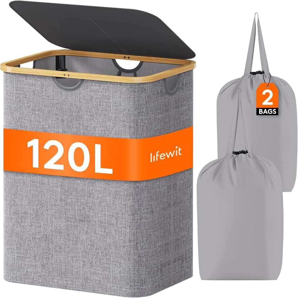 Lifewit 120L Large Laundry Basket with Lid, 2 Removable Bags, Light Gray