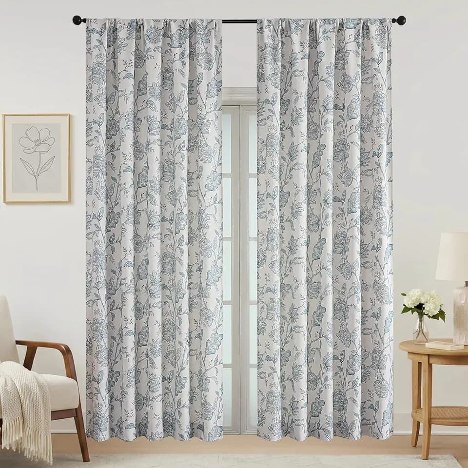 Floral Window Curtains 90 Inches Long - Light Filtering Faux Linen Flower Printed Window Curtains, Rod Pocket Farmhouse Drapes for Dining Room Bedroom, 2 Panels, Each 52Wx90L, Dusty Blue