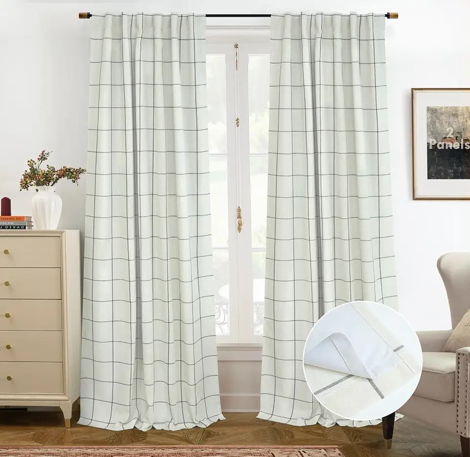 DriftAway 100% Blackout Plaid Linen Curtains 90 Inches Long 2 Panels Black