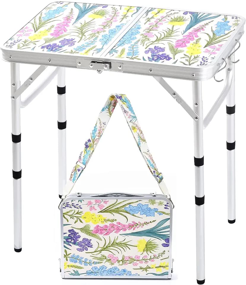 Folding Camping Table 2ft Picnic Table, Blooming Floral with Shoulder Strap