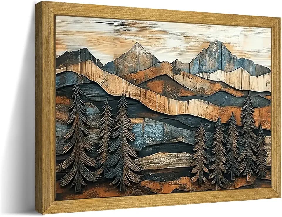 Vintage Boho Mountain Wall Art, Framed Landscape Canvas Wall Art, Nature Forest Wall Decor, Rustic Farmhouse Print Poster Painting for Living Room Bedroom Dining Room 12x16 Inch