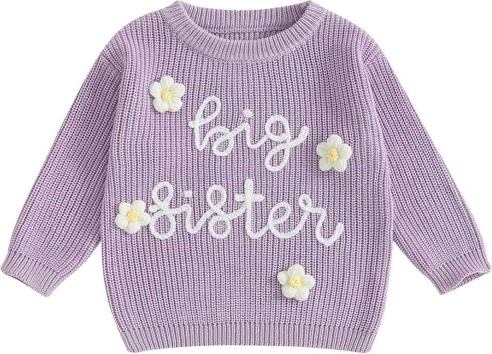 Strickpullover mit Aufschrift "Big Sister", für Kleinkinder, Mädchen, bestickt, Buchstaben, Blume, Pullover, Top, Frühling, Herbst, Winter, Outfit, Kleidung