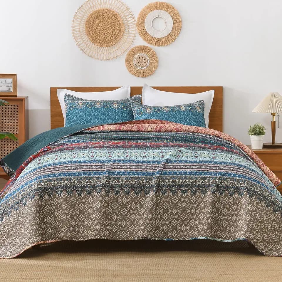 Andency Brown Green King Size Quilt Set, 3 Pieces Boho Striped Bedspread