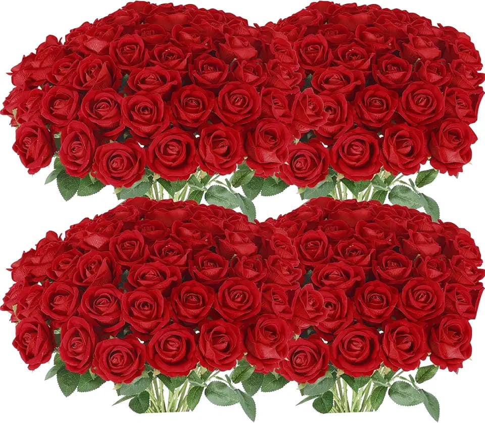 Hananona 100 Pcs Artificial Roses, Realistic Silk Red Flowers Bulk