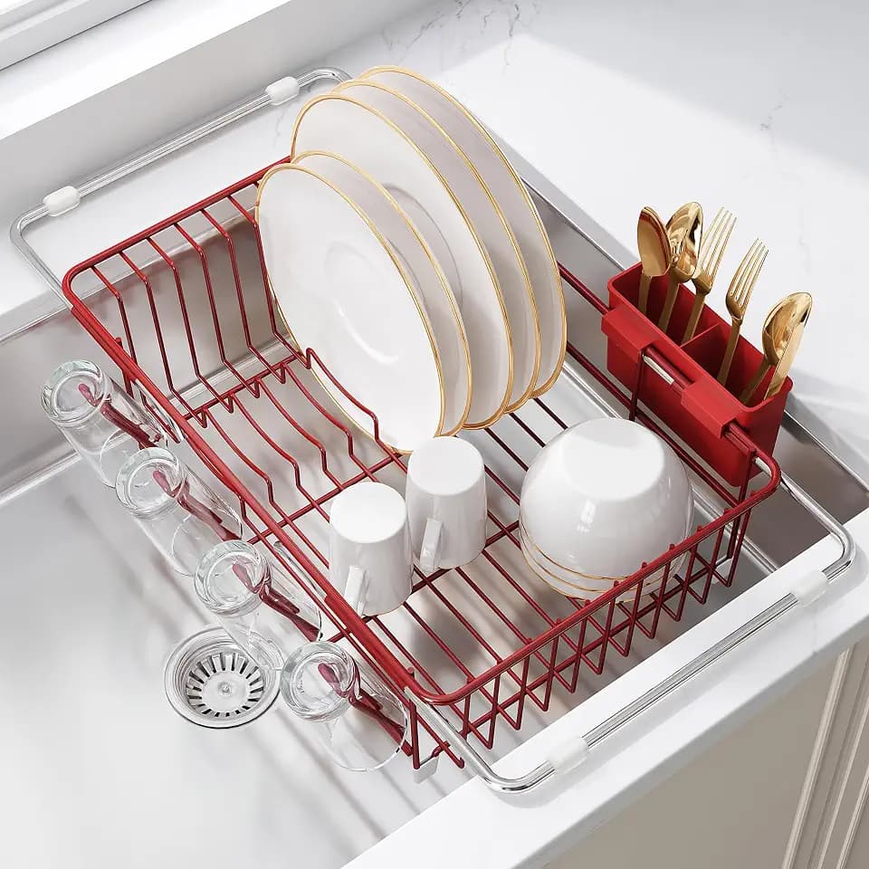 JASIWAY Red Dish Drying Rack in Sink, Dish Drainer with Utensil Holder
