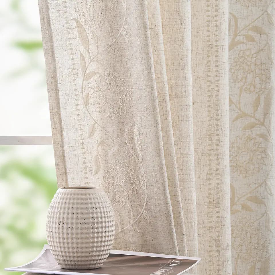jinchan Ivory Floral Linen Curtains for Living Room 108" Back Tab 2 Panels