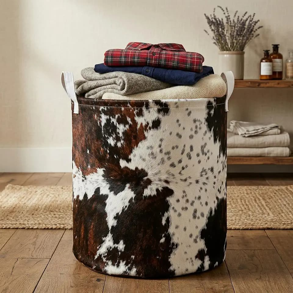 Highland Cow Laundry Basket with Lining Cowskin Printed Boys Girls Laundry Hamper for Clothes Storage Toys Bin Brown and White Cow Home Decor (Bull, 43L)