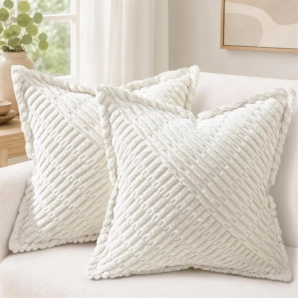 decorUhome Decorative Cream White Throw Pillow Covers 18x18 Set of 2 with Splicing, Boho Soft Corduroy Broadside Twill Spring Pillow Covers for Couch Bed Sofa Living Room
