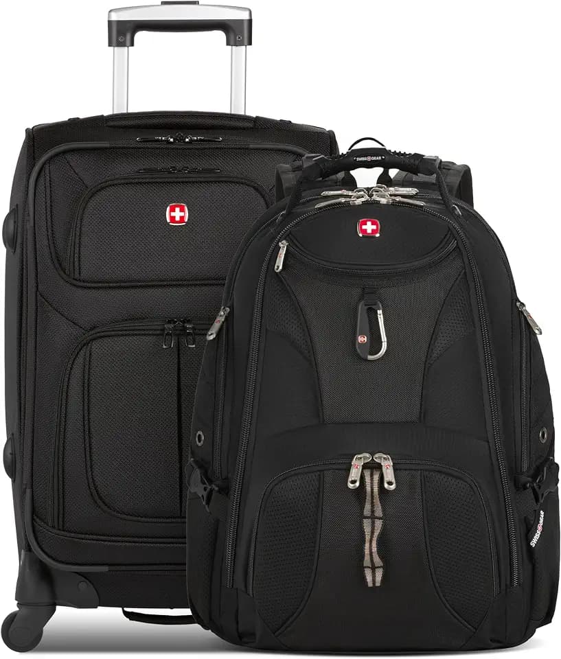 SwissGear Sion Softside Expandable Spinner Luggage Durable Lightweight Travel Suitcase, Black, 2-Piece Set (Carry-On/Backpack)