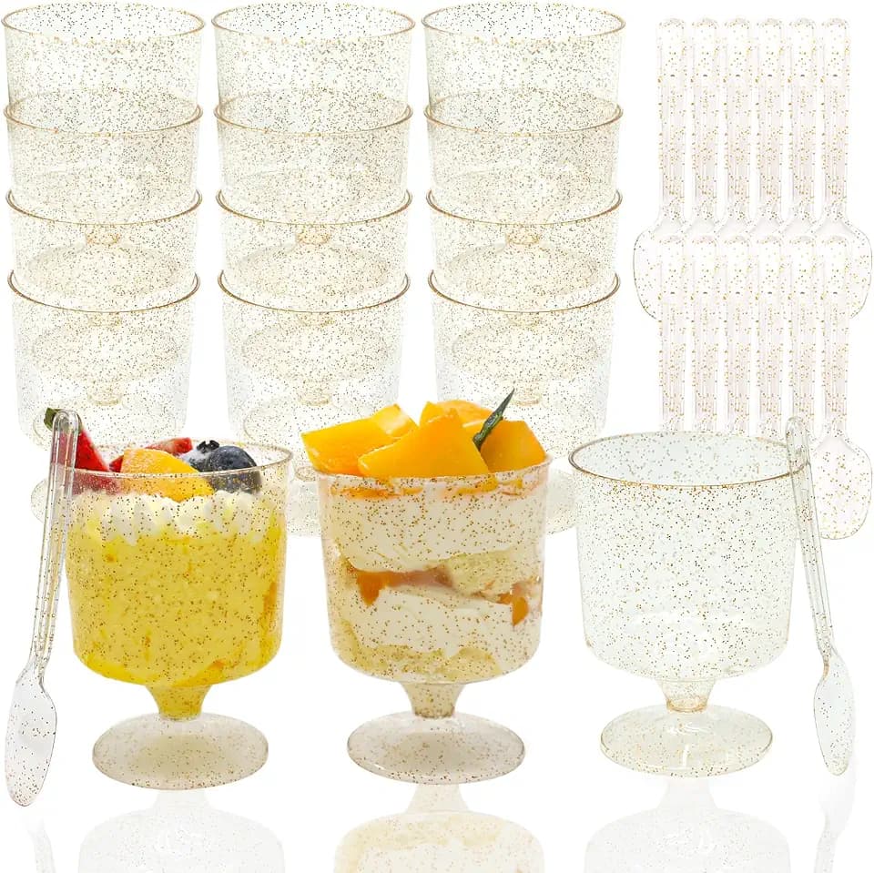 120 Pack Golden Glitter Plastic Dessert Cups with Spoons 5 Oz Round Serving Goblet Yogurt Parfait Cups for Party, Dessert Shooter Cups for Ice Cream, Pudding, Jello, Mousse and Fruits